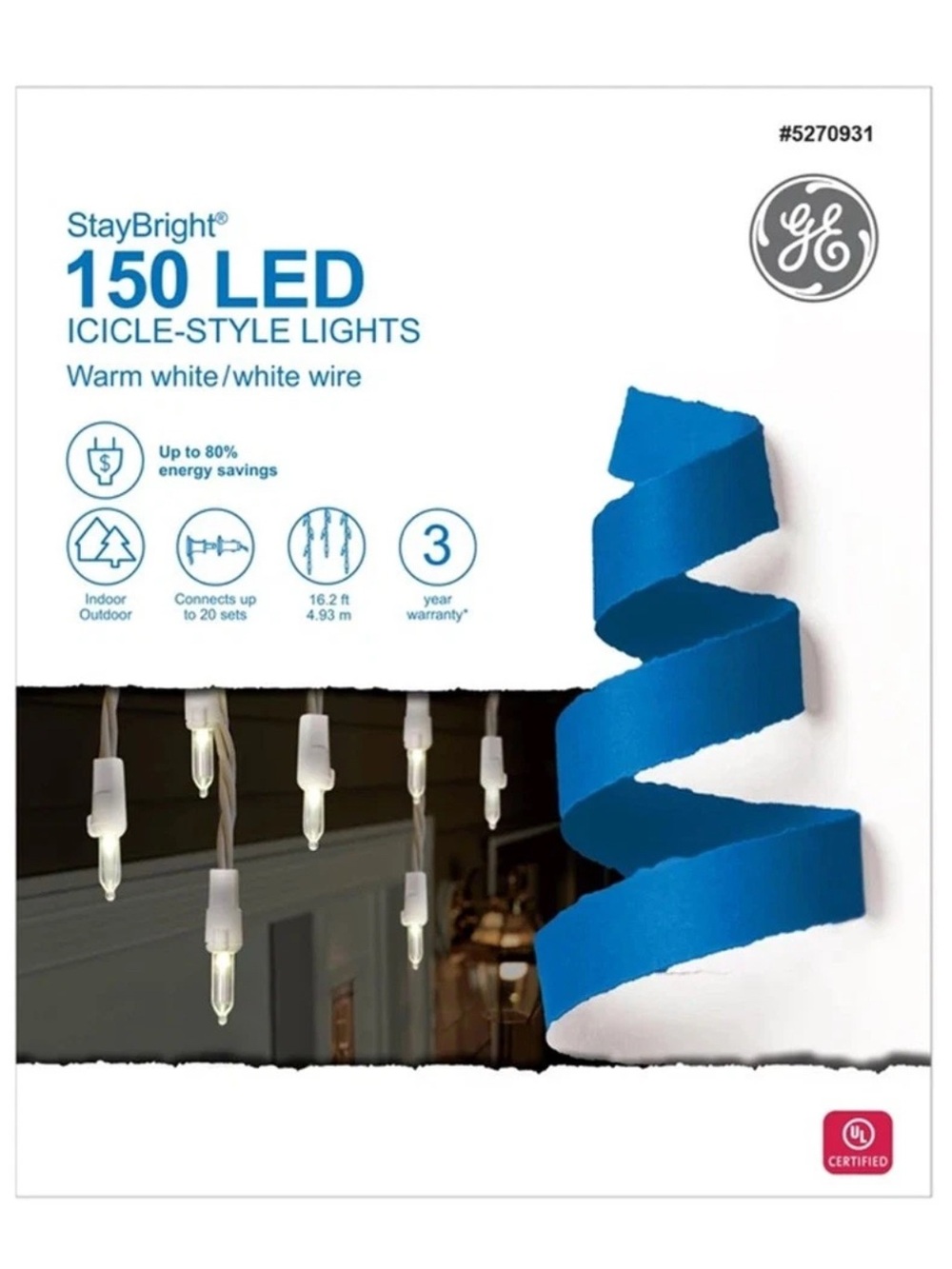 StayBright 150 LED Warm White Icicle-Style Christmas Lights 16ft Holiday NEW